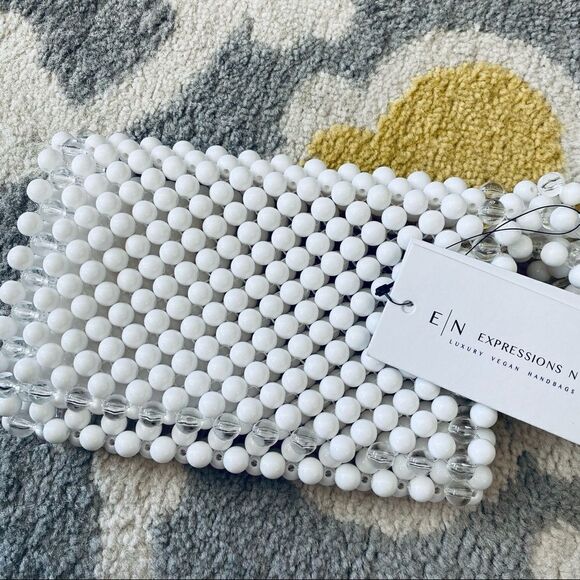 Expressions NYC White Luxury Vegan Beaded Handbag Purse - Picture 1 of 5